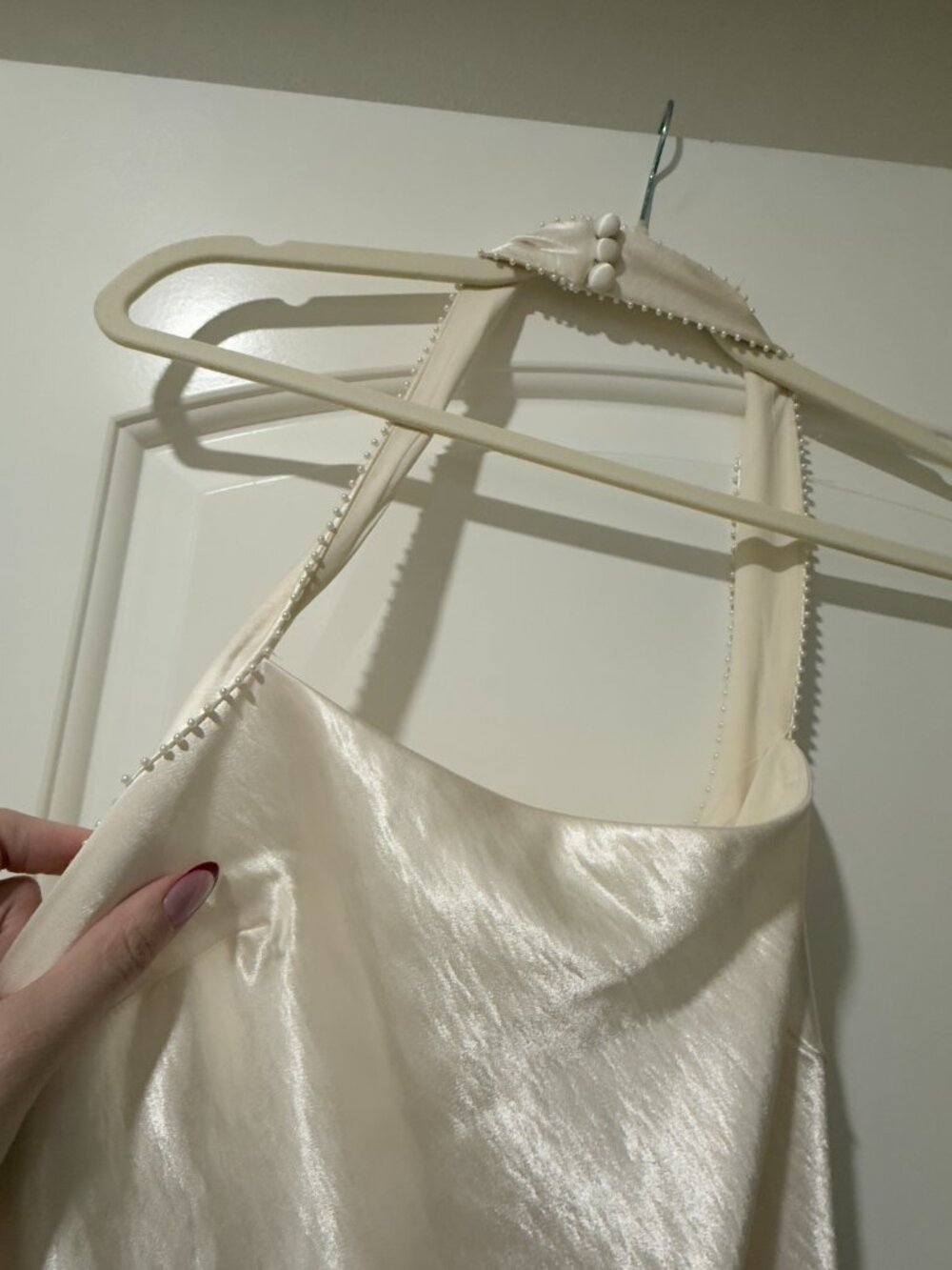 Azazie Ivory Halter Satin Bridal Gown - Picture 4 of 8